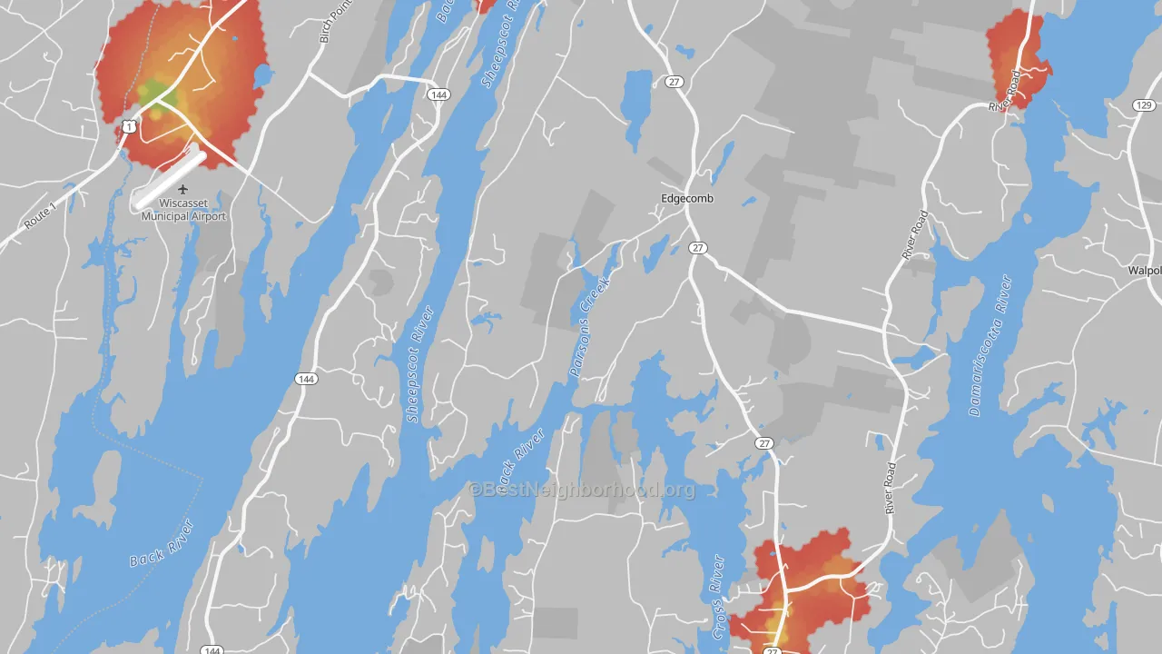 Walk Grade map of Edgecomb, ME, walkable areas in green and car-dependent areas in red
