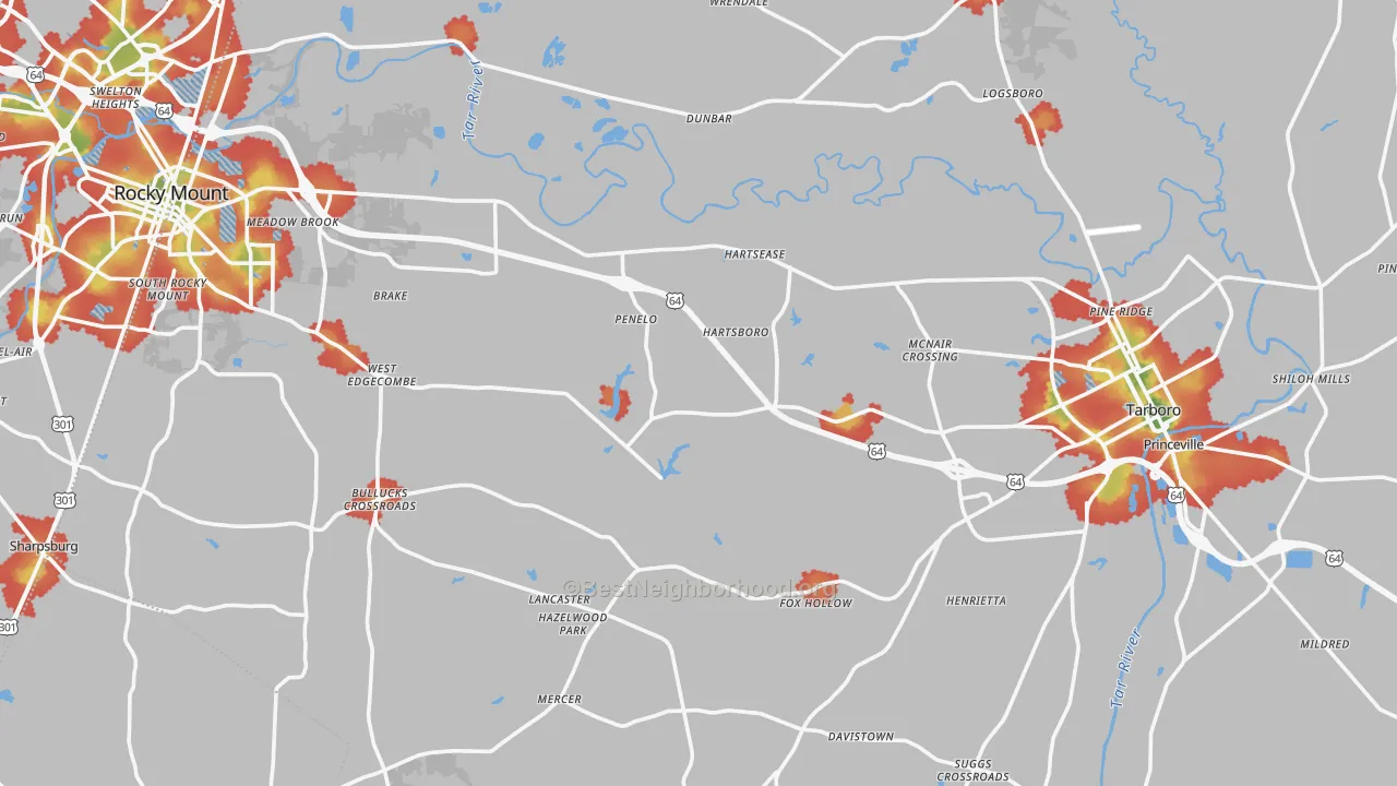 Walk Grade map of Edgecombe County, NC, walkable areas in green and car-dependent areas in red