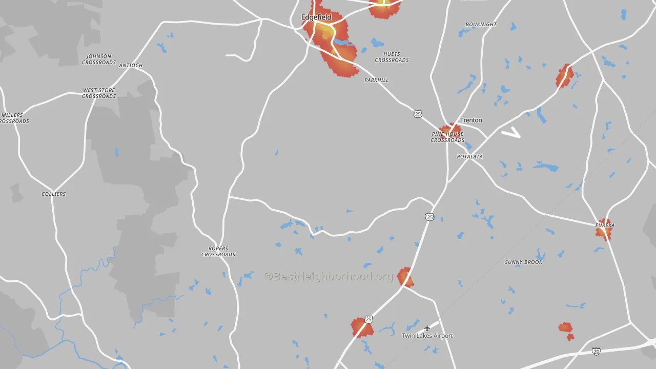 Walk Grade map of Edgefield County, SC, walkable areas in green and car-dependent areas in red