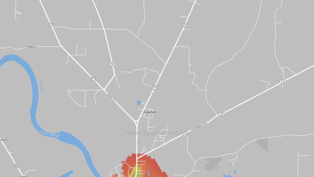 Walk Grade map of Edgefield, LA, walkable areas in green and car-dependent areas in red