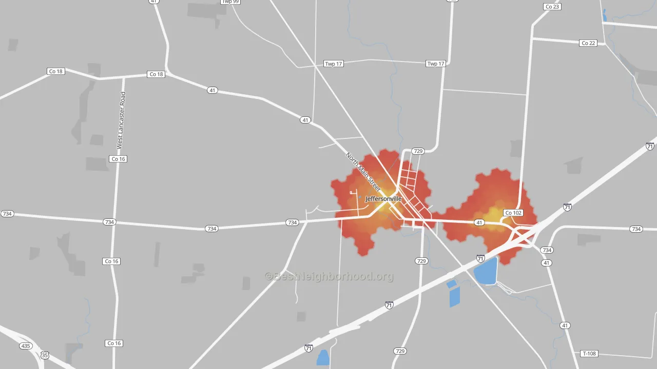 Walk Grade map of Edgefield, OH, walkable areas in green and car-dependent areas in red