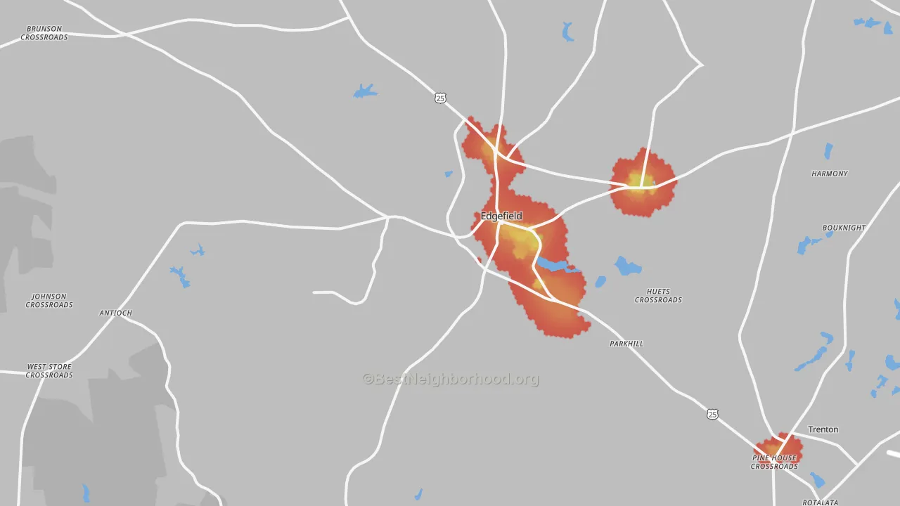 Walk Grade map of Edgefield, SC, walkable areas in green and car-dependent areas in red