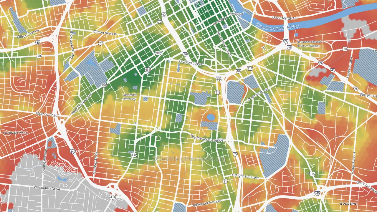 Walk Grade map of Edgehill, Nashville, TN, walkable areas in green and car-dependent areas in red