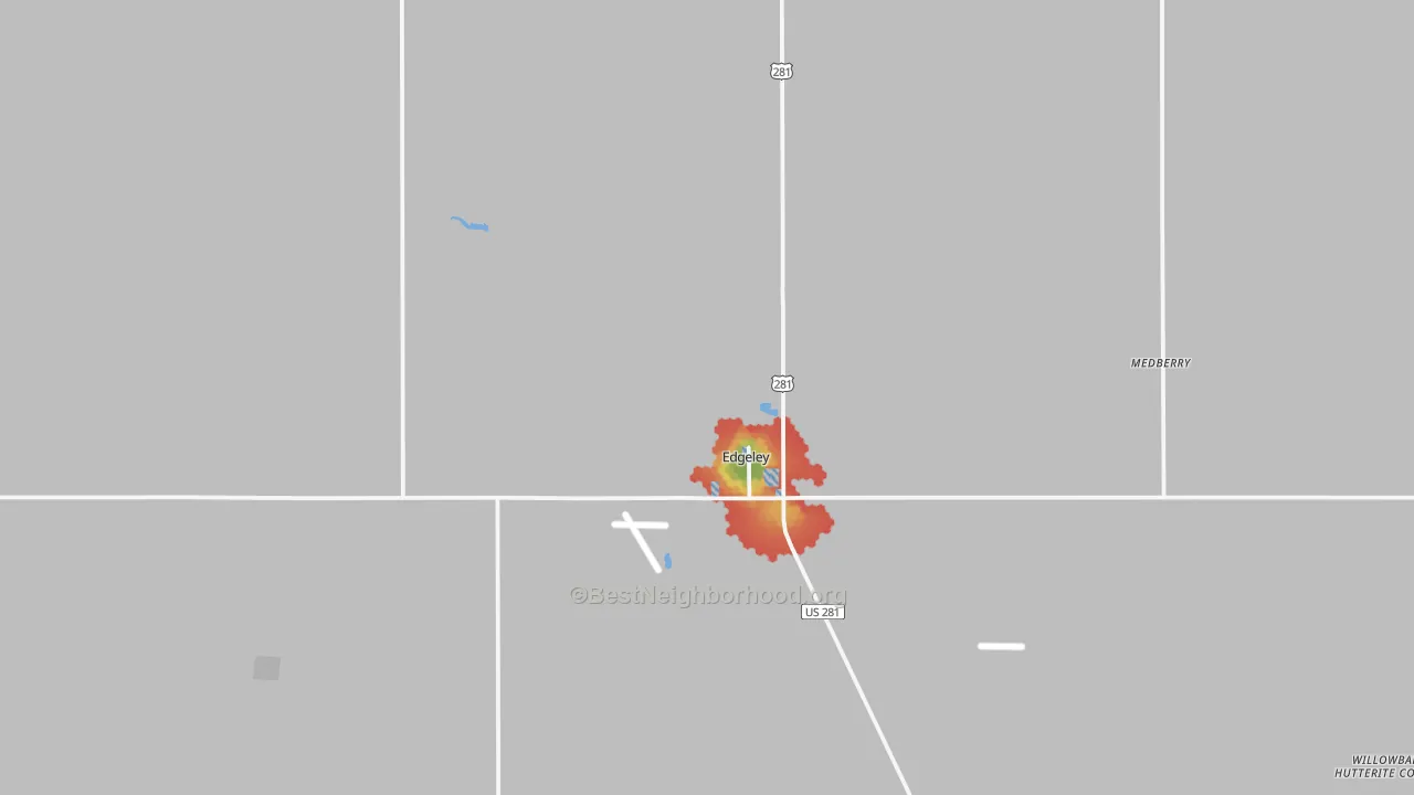 Walk Grade map of Edgeley, ND, walkable areas in green and car-dependent areas in red