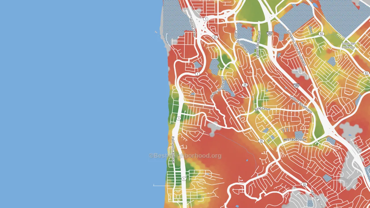 Walk Grade map of Edgemar-Pacific Manor, Pacifica, CA, walkable areas in green and car-dependent areas in red