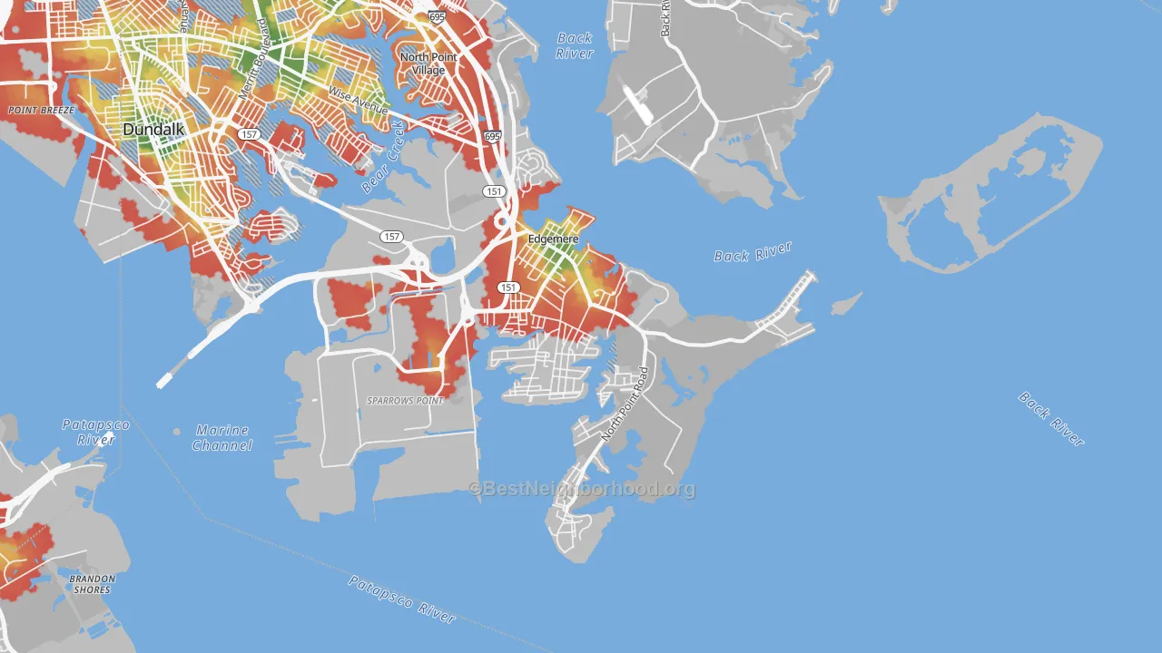 Walk Grade map of Edgemere, MD, walkable areas in green and car-dependent areas in red