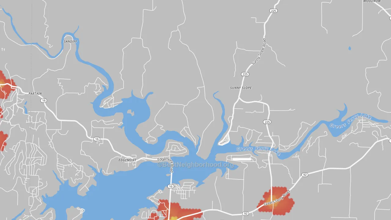 Walk Grade map of Edgemont, AR, walkable areas in green and car-dependent areas in red