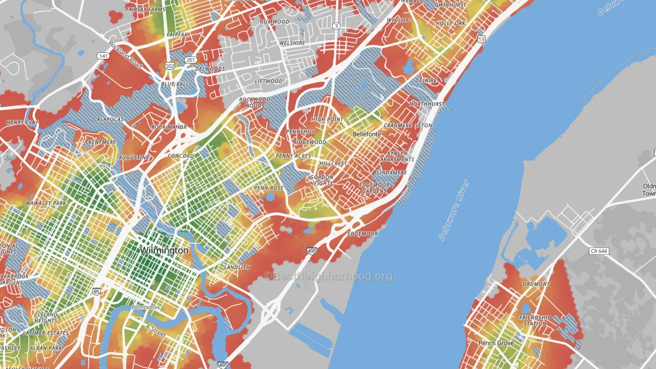 Walk Grade map of Edgemoor, DE, walkable areas in green and car-dependent areas in red