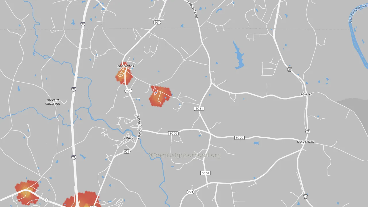 Walk Grade map of Edgemoor, SC, walkable areas in green and car-dependent areas in red