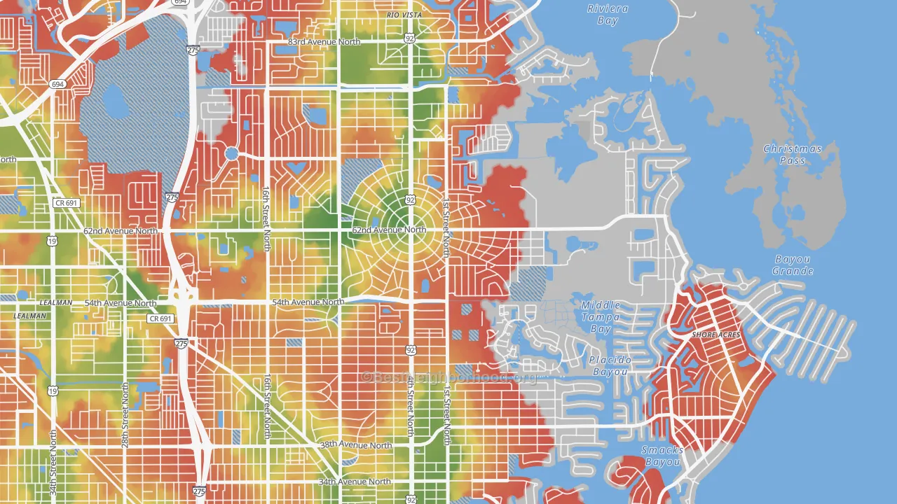 Walk Grade map of Edgemoor, St. Petersburg, FL, walkable areas in green and car-dependent areas in red