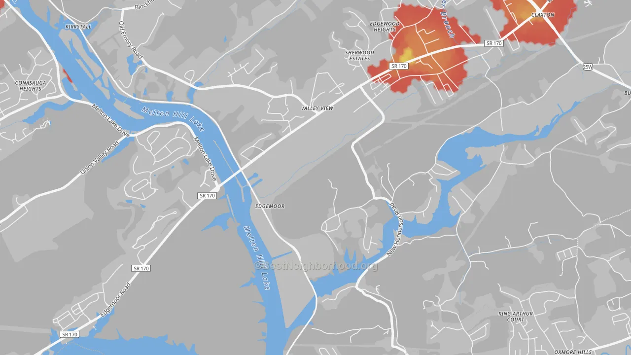 Walk Grade map of Edgemoor, TN, walkable areas in green and car-dependent areas in red