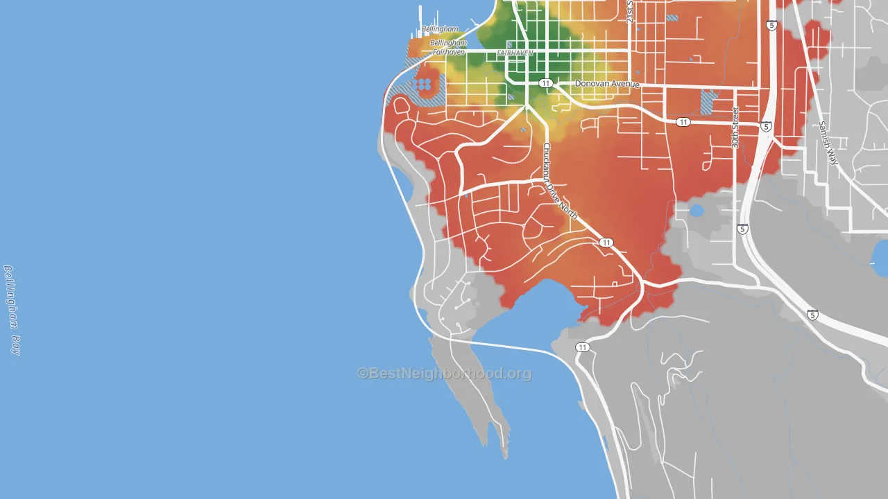 Walk Grade map of Edgemoor, WA, walkable areas in green and car-dependent areas in red