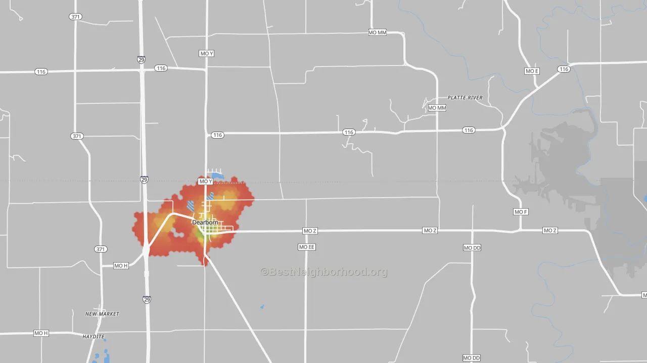 Walk Grade map of Edgerton Junction, MO, walkable areas in green and car-dependent areas in red