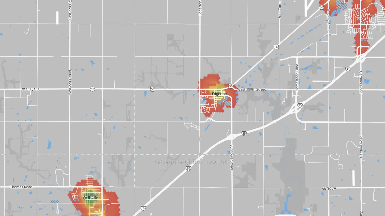 Walk Grade map of Edgerton, KS, walkable areas in green and car-dependent areas in red