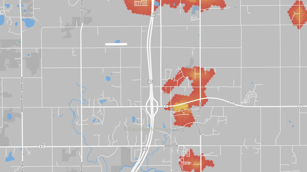 Walk Grade map of Edgerton, MI, walkable areas in green and car-dependent areas in red