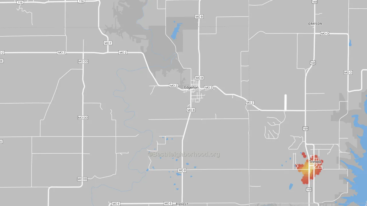Walk Grade map of Edgerton, MO, walkable areas in green and car-dependent areas in red