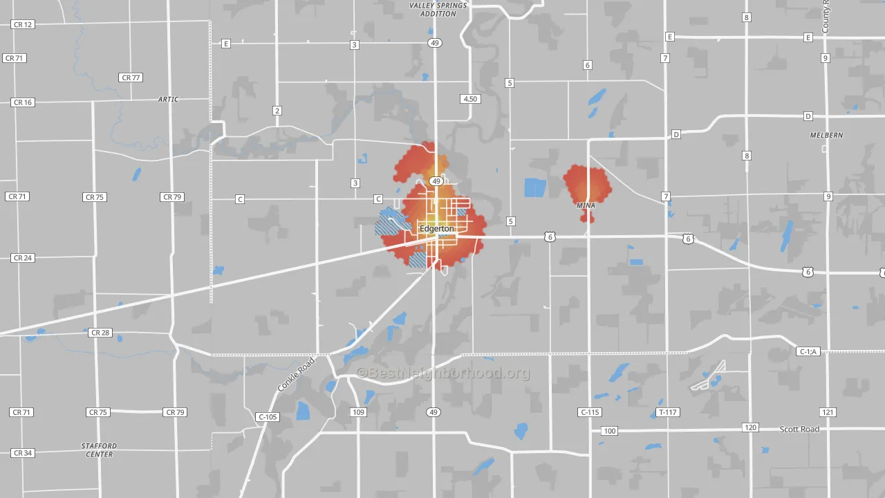 Walk Grade map of Edgerton, OH, walkable areas in green and car-dependent areas in red