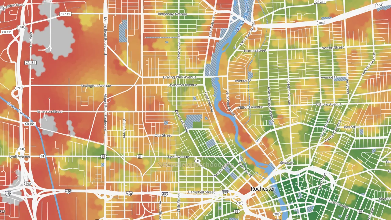 Walk Grade map of Edgerton, Rochester, NY, walkable areas in green and car-dependent areas in red