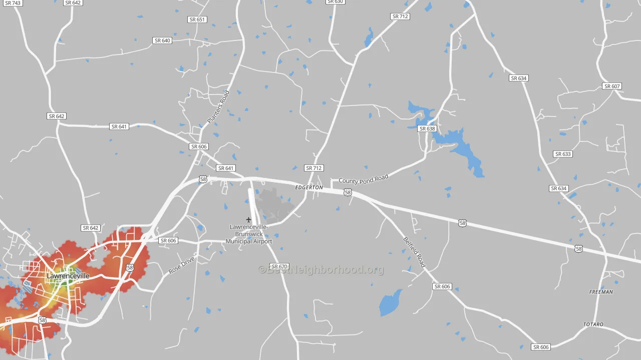 Walk Grade map of Edgerton, VA, walkable areas in green and car-dependent areas in red