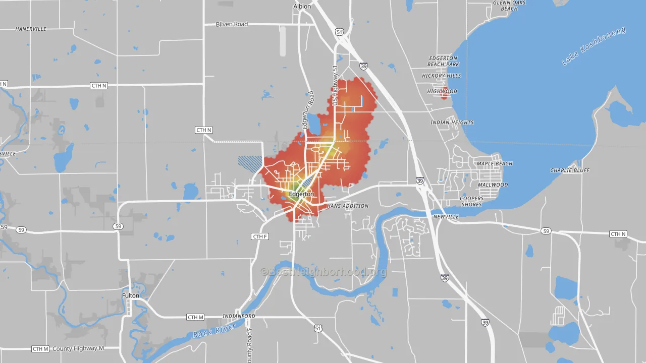 Walk Grade map of Edgerton, WI, walkable areas in green and car-dependent areas in red