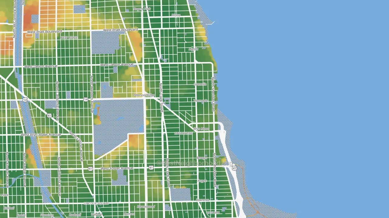 Walk Grade map of Edgewater, Chicago, IL, walkable areas in green and car-dependent areas in red