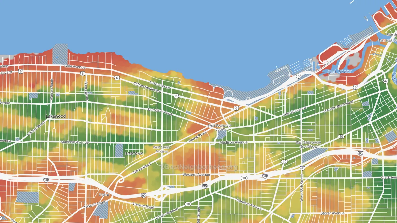 Walk Grade map of Edgewater, Cleveland, OH, walkable areas in green and car-dependent areas in red