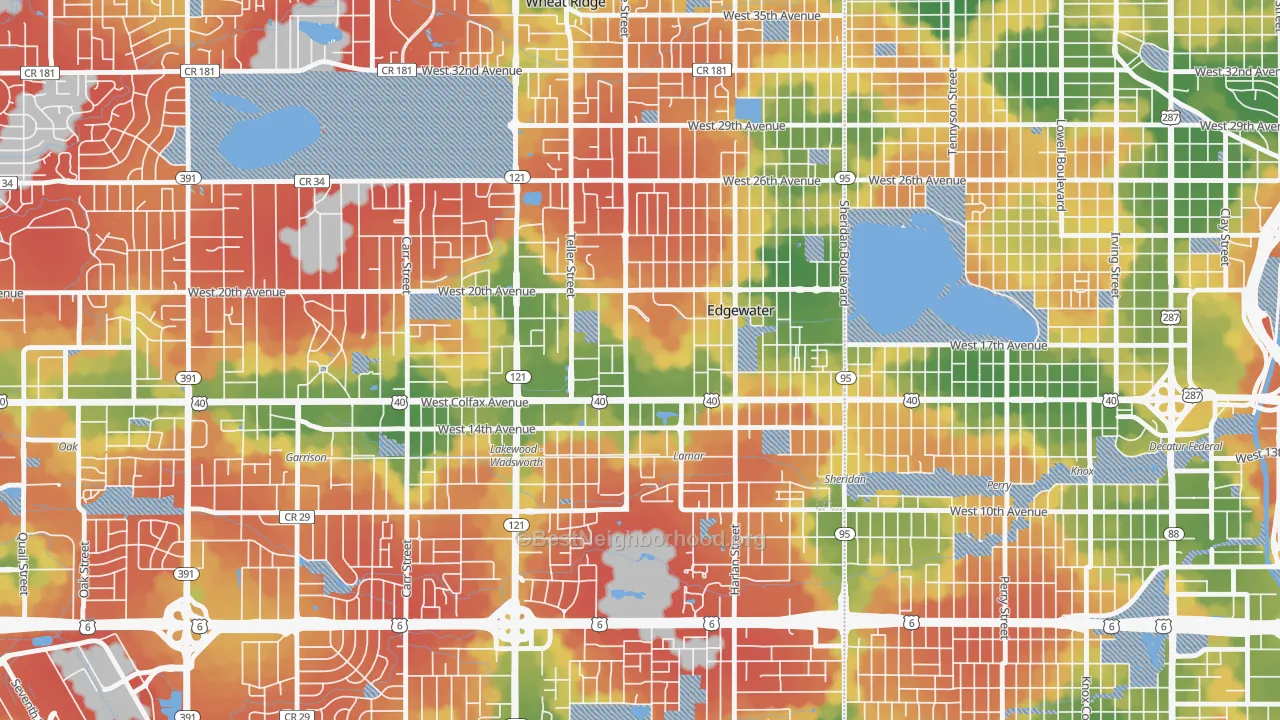 Walk Grade map of Edgewater, CO, walkable areas in green and car-dependent areas in red