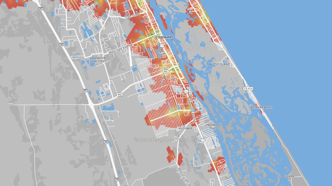 Walk Grade map of Edgewater, FL, walkable areas in green and car-dependent areas in red