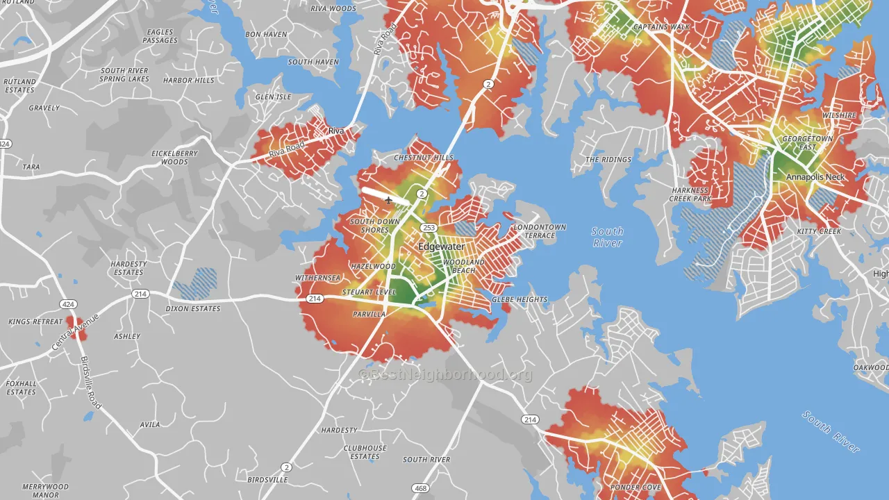 Walk Grade map of Edgewater, MD, walkable areas in green and car-dependent areas in red