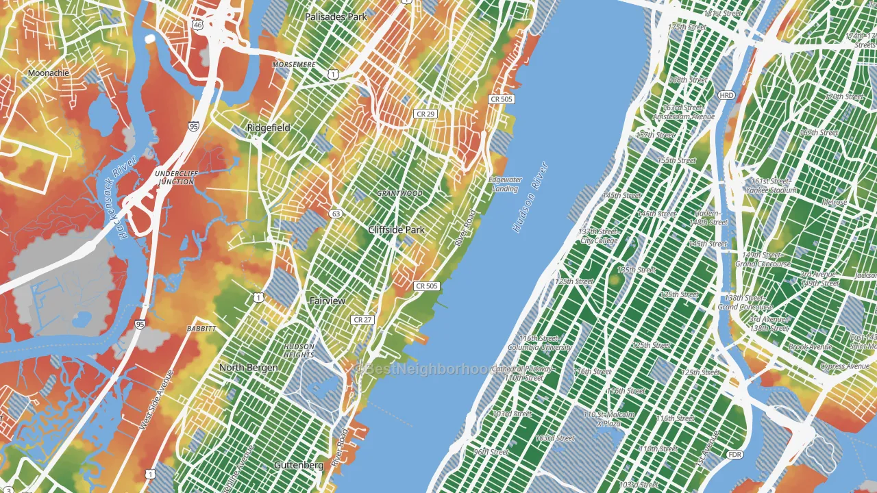 Walk Grade map of Edgewater, NJ, walkable areas in green and car-dependent areas in red