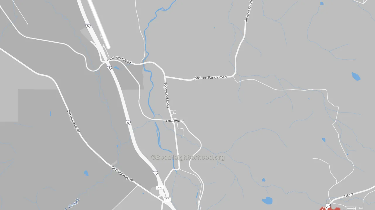 Walk Grade map of Edgewood, CA, walkable areas in green and car-dependent areas in red
