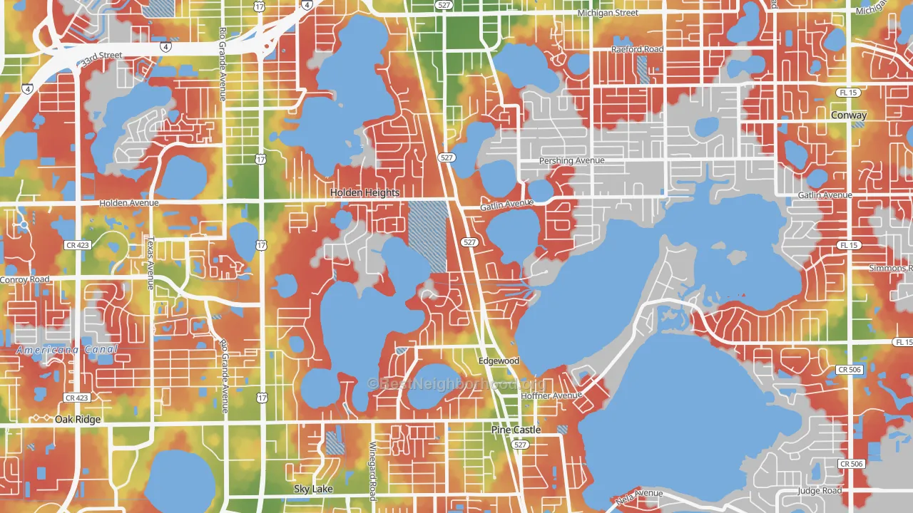 Walk Grade map of Edgewood, FL, walkable areas in green and car-dependent areas in red