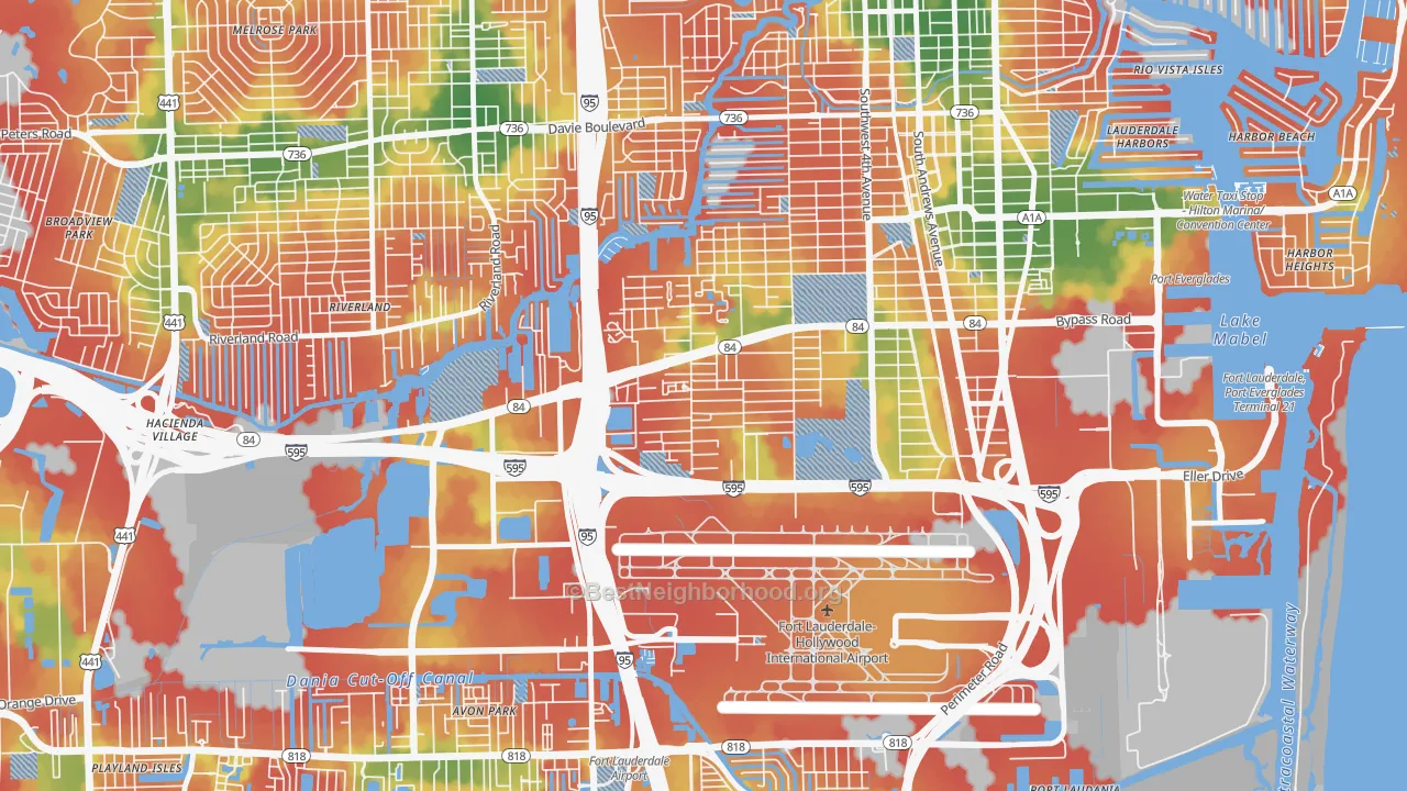 Walk Grade map of Edgewood, Fort Lauderdale, FL, walkable areas in green and car-dependent areas in red