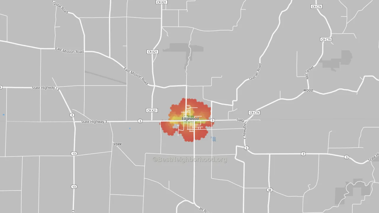 Walk Grade map of Edgewood, IA, walkable areas in green and car-dependent areas in red