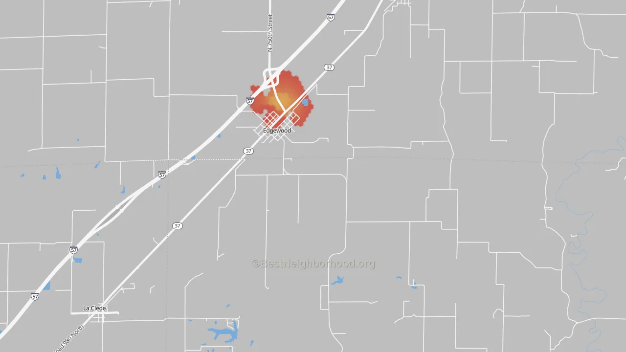 Walk Grade map of Edgewood, IL, walkable areas in green and car-dependent areas in red