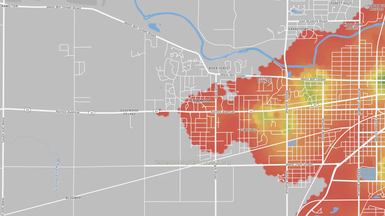 Walk Grade map of Edgewood, IN, walkable areas in green and car-dependent areas in red