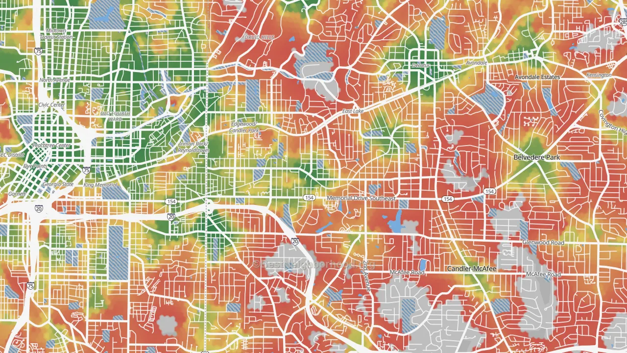 Walk Grade map of Edgewood-Kirkwood, Atlanta, GA, walkable areas in green and car-dependent areas in red