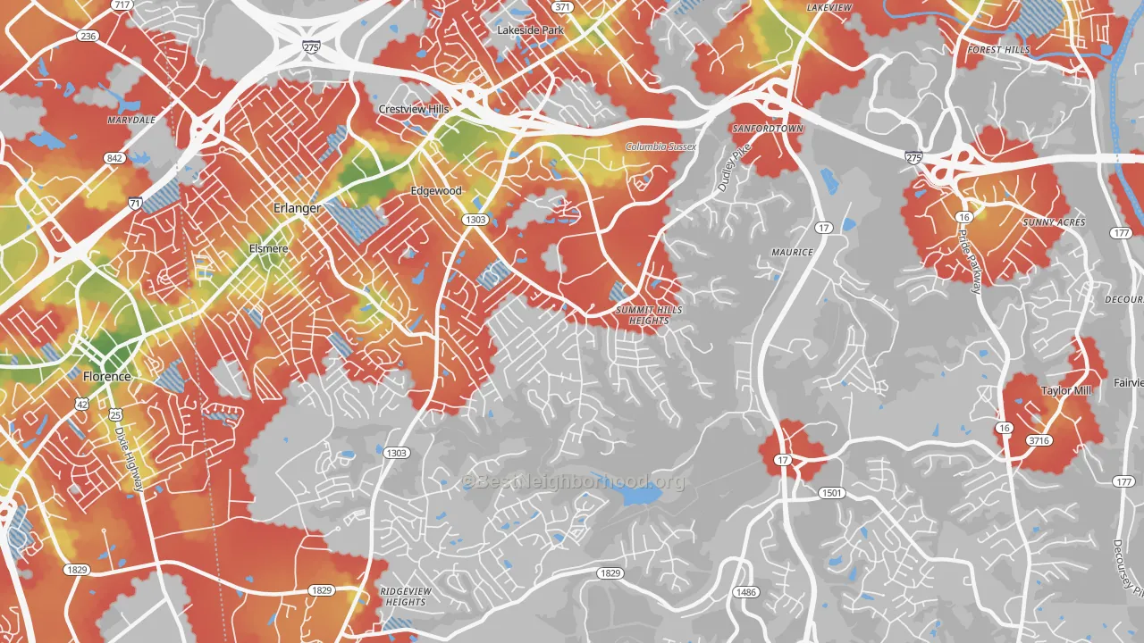 Walk Grade map of Edgewood, KY, walkable areas in green and car-dependent areas in red