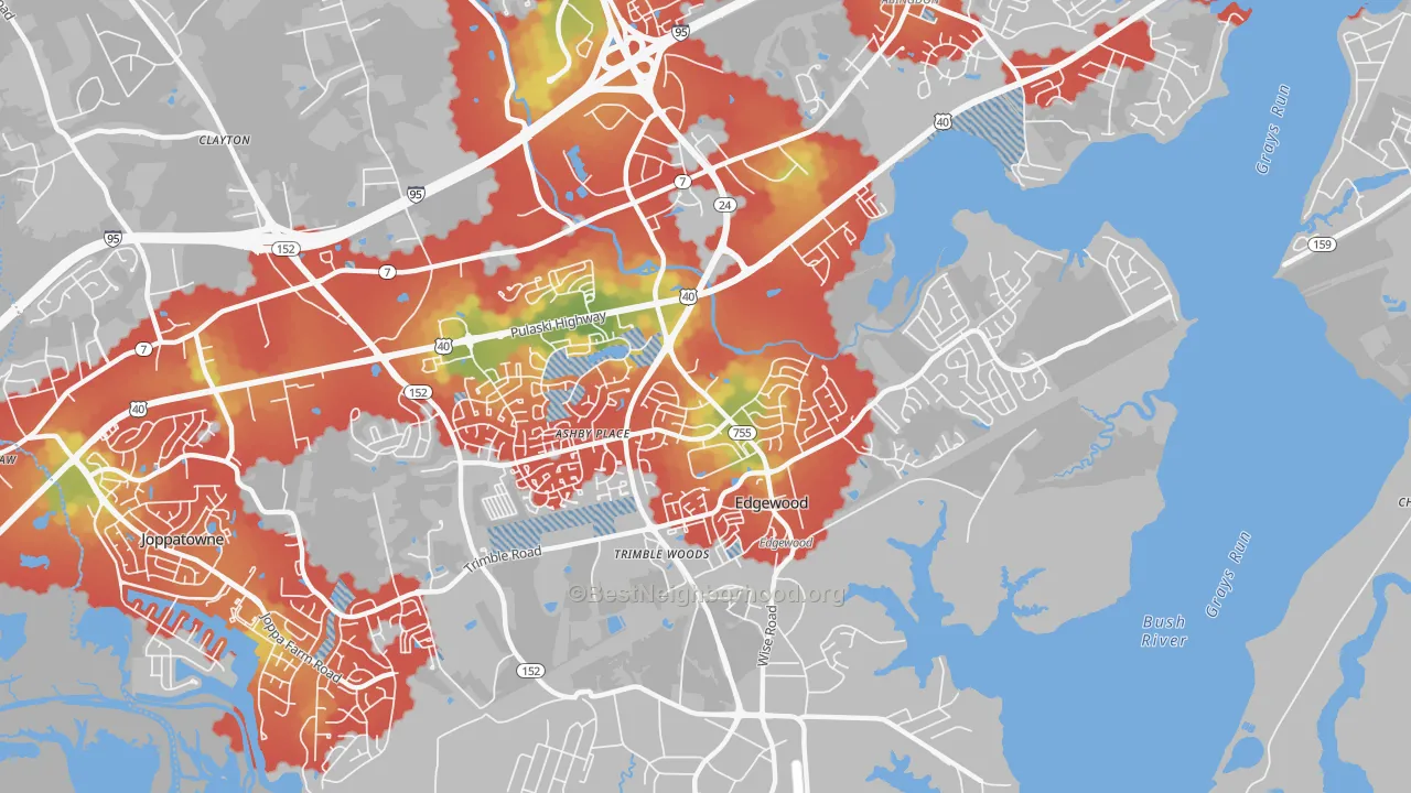 Walk Grade map of Edgewood, MD, walkable areas in green and car-dependent areas in red
