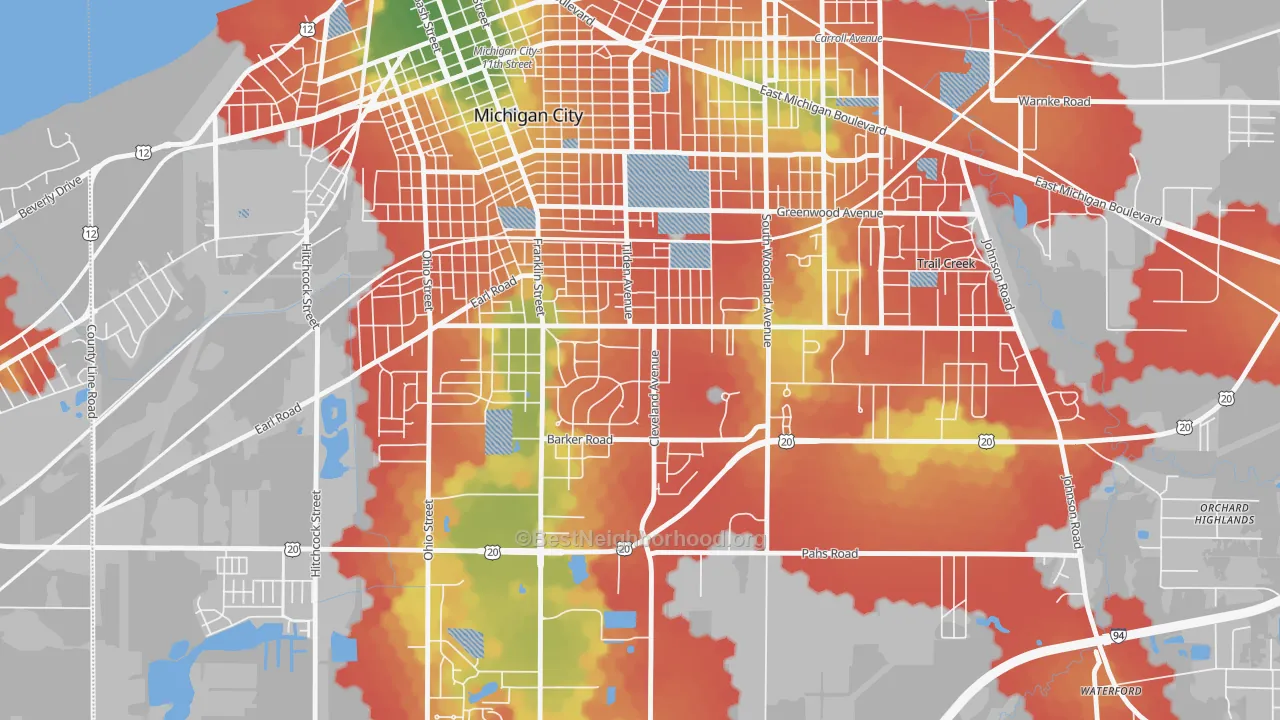 Walk Grade map of Edgewood, Michigan City, IN, walkable areas in green and car-dependent areas in red