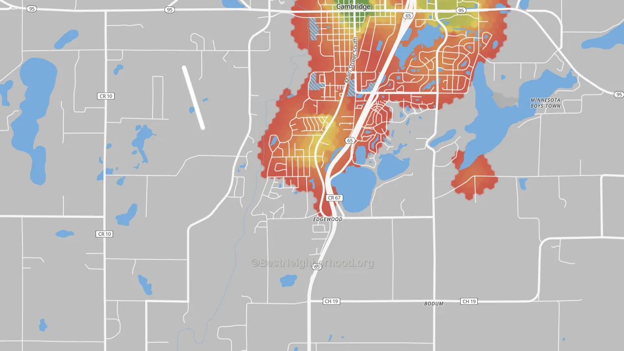 Walk Grade map of Edgewood, MN, walkable areas in green and car-dependent areas in red