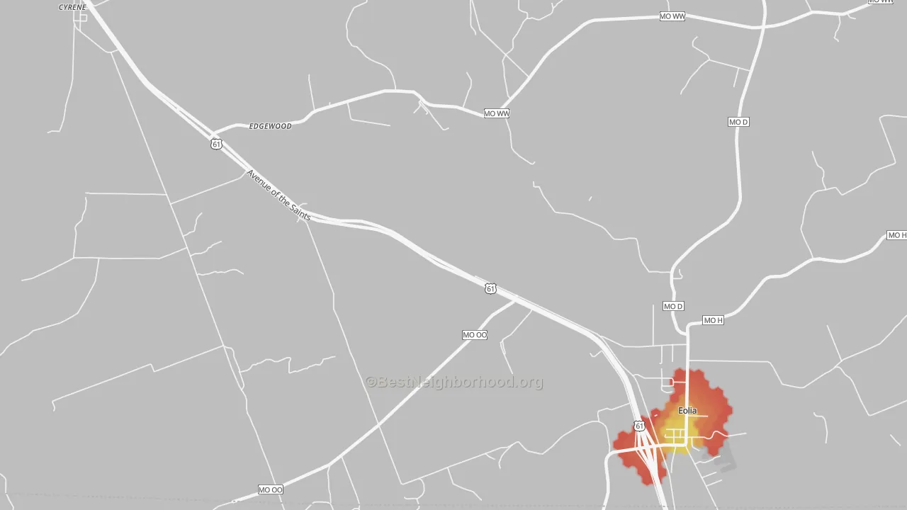 Walk Grade map of Edgewood, MO, walkable areas in green and car-dependent areas in red