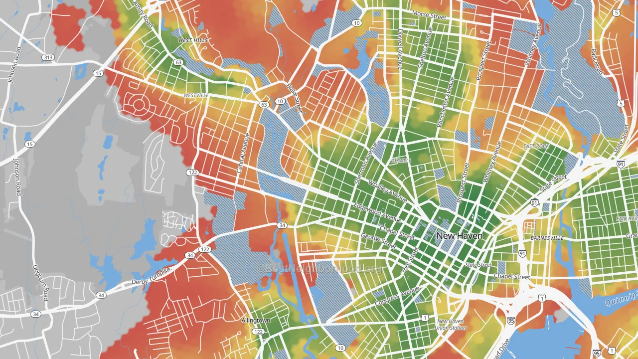 Walk Grade map of Edgewood, New Haven, CT, walkable areas in green and car-dependent areas in red