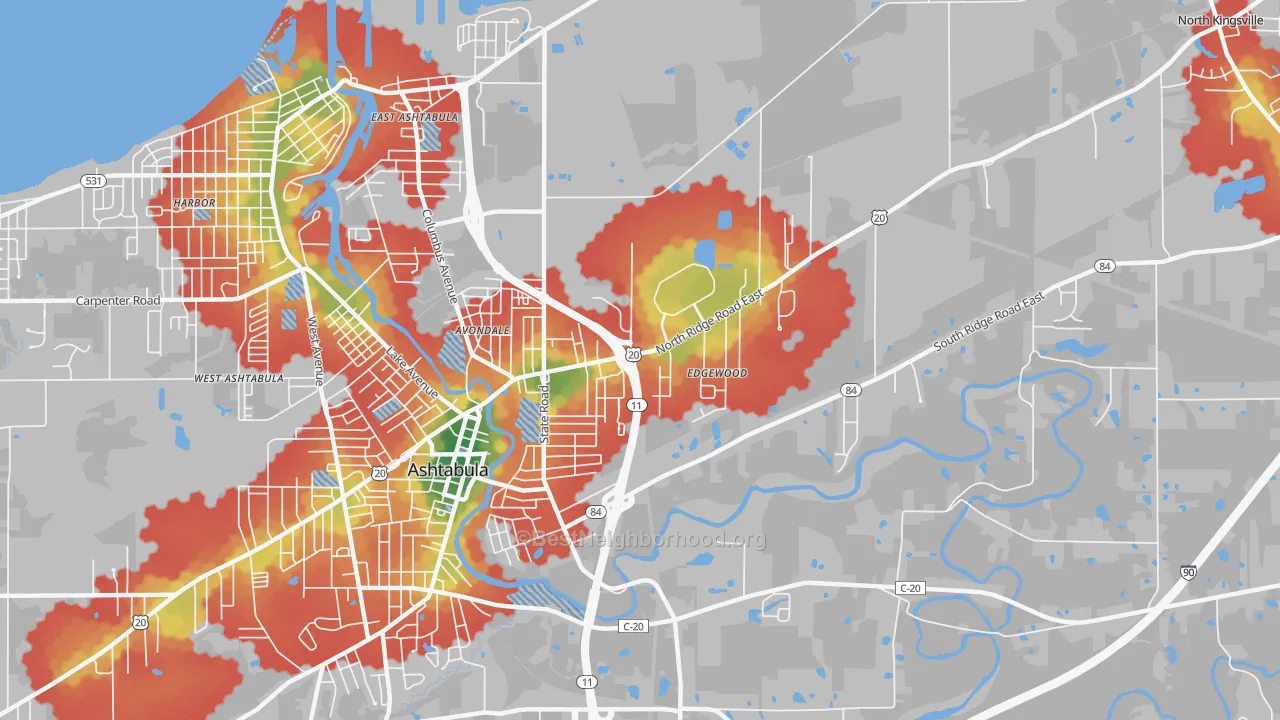 Walk Grade map of Edgewood, OH, walkable areas in green and car-dependent areas in red