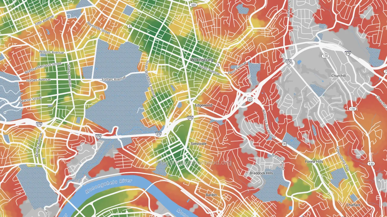 Walk Grade map of Edgewood, PA, walkable areas in green and car-dependent areas in red