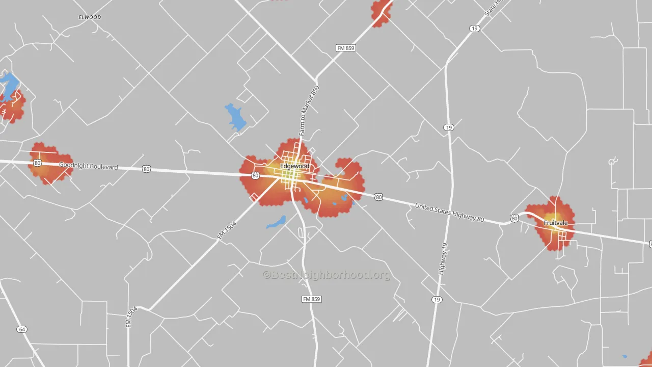 Walk Grade map of Edgewood, TX, walkable areas in green and car-dependent areas in red