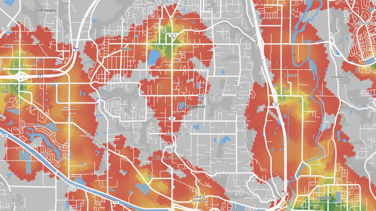 Walk Grade map of Edgewood, WA, walkable areas in green and car-dependent areas in red