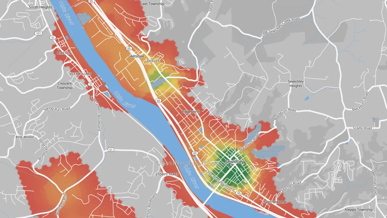 Walk Grade map of Edgeworth, PA, walkable areas in green and car-dependent areas in red