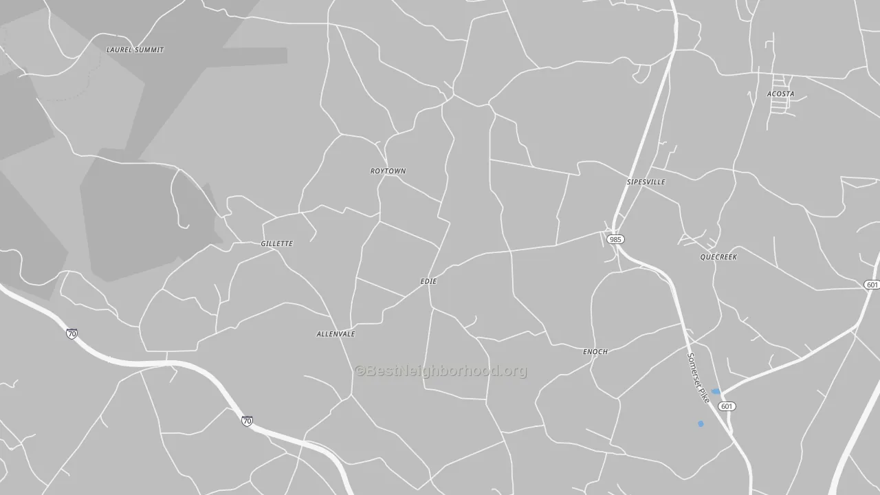 Walk Grade map of Edie, PA, walkable areas in green and car-dependent areas in red
