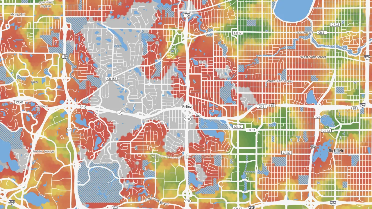 Walk Grade map of Edina, MN, walkable areas in green and car-dependent areas in red